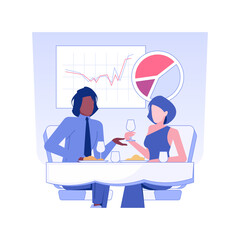 Poster - Business lunch isolated concept vector illustration. Group of diverse colleagues at a business lunch, company workers eating food in restaurant and talking, office life vector concept.