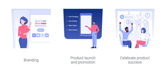 Poster - Launching product process isolated concept vector illustration set. Branding, product launch and promotion, celebrate product success, create a trademark, packaging design vector cartoon.