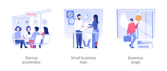 Poster - Startup funding isolated concept vector illustration set. Startup accelerator, small business loan, business angel, find a mentor to raise money, financial help to entrepreneur vector cartoon.