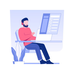 Poster - Cold calling isolated concept vector illustration. Smiling call center worker with headset, customer complaints, service information, professional cold calling in sales vector concept.