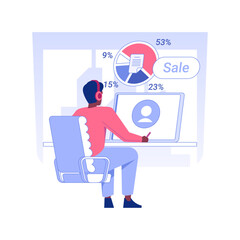 Poster - Marketing research isolated concept vector illustration. Call center worker processes data sales using laptop, customer service department, statistics search report vector concept.