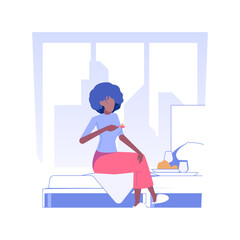 Poster - In-room dining isolated concept vector illustration. Man eating in room, business travel, hotel service, in-room dining idea, accommodation facility, enjoying breakfast vector concept.