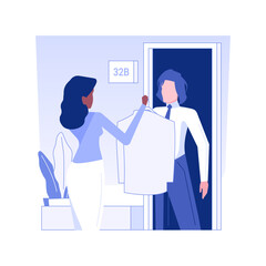 Poster - Hotel laundry service isolated concept vector illustration. Smiling hotel worker brought the man dry cleaning and ironing clothes, business travel, accommodation facility vector concept.