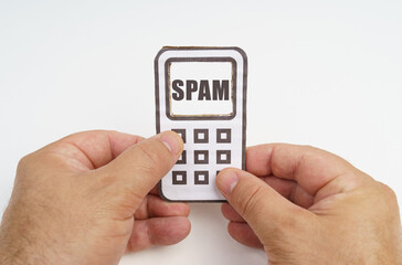 Poster - In the hands of a person is a cardboard model of a telephone with an inscription on the screen - spam