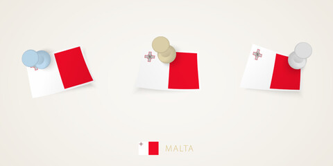 Poster - Pinned flag of Malta in different shapes with twisted corners. Vector pushpins top view.