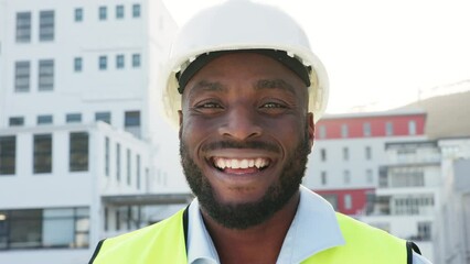 Poster - Smiling, laughing and happy contractor, engineer and supervisor working at construction site outside. Face of a cheerful black foreman managing a successful building project and urban development
