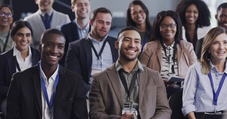 Poster - audience laughing, enjoying and smiling at a funny joke together at a work conference, meeting or pr