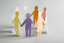 Paper Human Figures Making Circle On White Background. Diversity And Inclusion Concept