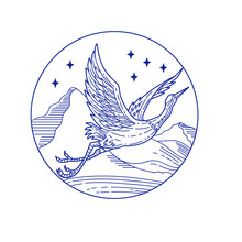 Great Blue Heron Flying Circle Mono Line