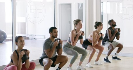 Poster - Fit, active or healthy people squatting with kettlebell weights in gym workout, exercise or training class. Diverse group of friends lifting for cardio health, stamina or endurance or building muscle