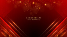 Red Luxury Background With Golden Lines, Red Lines, Stripes, Shine Dots Effect And Bokeh Decoration. Elegant Style Design Template Concept