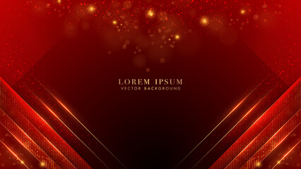 Red luxury background with golden lines, red lines, stripes, shine dots effect and bokeh decoration. Elegant style design template concept