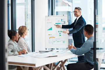Poster - Business presentation, strategy and meeting of a corporate man showing finance data to team. Accounting management office group collaboration while working and planning a financial marketing project
