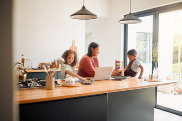 Sticker - Mom helping her children with learning, education and development in online classes at home. Mother, daughter and son in the kitchen studying online, doing homework and math.