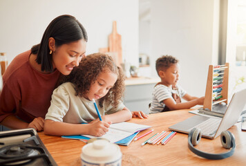 Poster - Education, learning and homework with a mother teaching and helping her daughter with writing, drawing and studying. Single parent and child bonding together as a family over school work at home