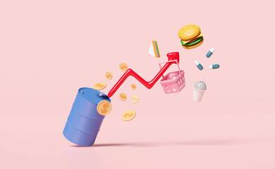 oil barrel 3d with arrow graph dollar coins, food, shopping basket isolated on pink background. expensive, high inflation, saving money, raise the price concept, 3d render, include clipping path