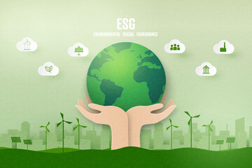 Poster - ESG as environmental, social and governance concept.Green ecology and alternative renewable energy.Paper art Vector illustration.