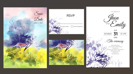 Wall Mural - wedding invitation with landscape view watercolor background	