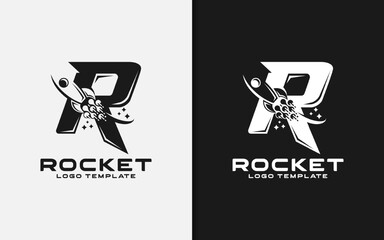 Poster - Abstract Initial Letter R Logo Combined with Flying Rocket Silhouette Logo Design.