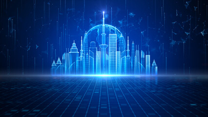 Poster - Smart City Of Cyberspace And Metaverse, Technology Digital Network Connection, Social Network Connection, Blue Abstract Background Concept. 3d Rendering