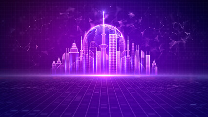 Poster - Smart City Of Cyberspace And Metaverse, Technology Digital Network Connection, Social Network Connection, Purple Abstract Background Concept. 3d Rendering