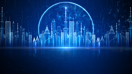 Poster - Smart City Of Cyberspace And Metaverse, Technology Digital Network Connection, Social Network Connection, Blue Abstract Background Concept. 3d Rendering