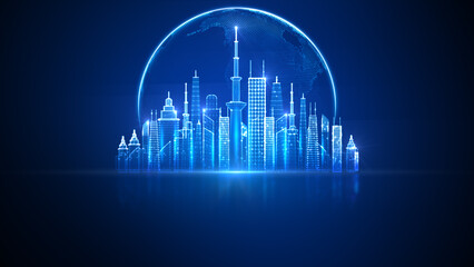 Poster - Smart City Of Cyberspace And Metaverse, Technology Digital Network Connection, Social Network Connection, Blue Abstract Background Concept. 3d Rendering