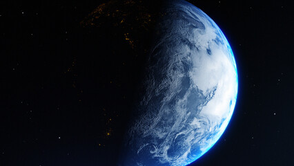 Wall Mural - Earth Rotate From Space, 3d Rendering of Globe, Sunrise From Space, Abstract Background
