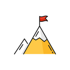 Wall Mural - Business top, career goal color outline icon with flag on mountain peak. Leadership and target aim, business challenge and vision reach thin line vector symbol or pictogram