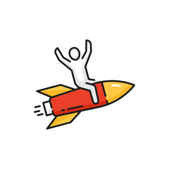 Poster - Business innovation and startup launch color outline icon with human flying on rocket. Idea success, business boost and job opportunity thin line vector symbol or pictogram. Speed growth outline icon