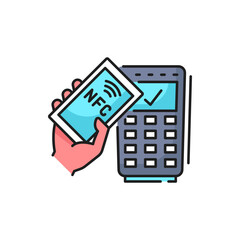 Aufkleber - NFC payment technology outline icon with mobile phone and POS terminal. Cashless processing and banking, money digital transaction and near field communication technology thin line vector pictogram