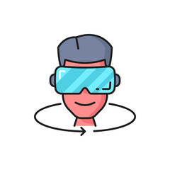 Poster - Virtual and augmented reality technology outline icon with man wearing VR glasses. Future gaming, entertainment and education, virtual world 360 experience thin line vector symbol or linear pictogram