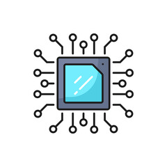 Poster - Computer chip, semiconductor technology outline icon. Computer and mobile device hardware, microchip engineering thin line vector symbol or pictogram with microprocessor on motherboard