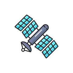 Poster - Space satellite technology outline icon. Internet and radio broadcast, communication satellite and astronomy science space research thin line vector pictogram or linear symbol