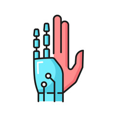 Poster - AI innovation or prosthesis future technology outline icon with human hand with robotic fingers. Machine learning, bionic limbs and artificial intelligence innovation thin line vector symbol