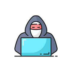 Leinwandbilder - Hacker in mask typing on laptop outline icon. Internet security and protection, online fraud, data theft and web crime and information safety thin line vector symbol, minimalistic pictogram