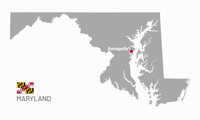 Gray map of Maryland, federal state of USA. Silhouette of Maryland abstract outline editable map with borders, flag of federal state and Annapolis capital realistic vector illustration