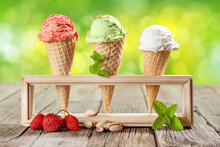Various Ice Cream In Waffle Cones