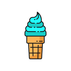 Wall Mural - Swirled creamy mint or bubble gum ice cream in wafer cone isolated blue color line icon. Vector refreshing cold takeaway food, fastfood snack. Whipped caramelized thin line icecream in waffle cone