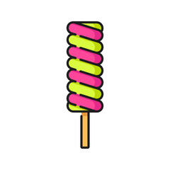 Canvas Print - Ice cream on stick coated by caramel colorful glaze isolated summer dessert color line icon. Vector refreshing ice-cream, sweet striped popsicle, frozen refreshment snack. Fruity sundae dairy food