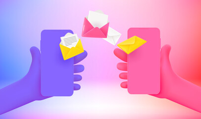 Poster - Mailing via mobile application concept. 3d vector illustration with holographic effect