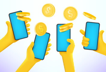 Aufkleber - People with smartphones share money. Comic 3d style vector illustration