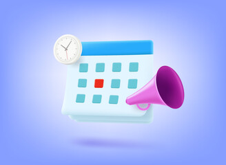 Poster - Agenda concept with calendar, loudspeaker and clock. 3d vector illustration
