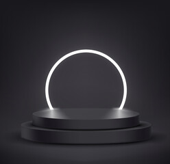 Wall Mural - Black interior with circle neon light and podium. 3d vector showcase for display products