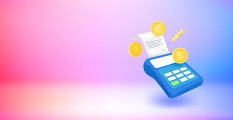 Poster - Shopping bill with payment terminal. Payment concept. 3d vector banner with copy space