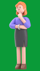 Wall Mural - Green Screen Mock-up. Format 16:9.3D illustration of  a thinking businesswoman Ellen pondering making decision on Green Screen for footage and clipping path.
