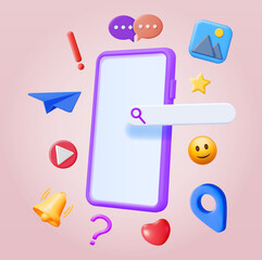 Poster - 3D Social Media Concept Isolated. Render Smartphone with Colorful Social Network Icon. Chat Bubble, Like Button, Exclamation Question Mark, Location Pin. Online Communication. Vector Illustration