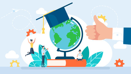 Educational tourism. Distance education. A globe with an academic cap stands on a book. Globalization of education. Happy tiny characters are learning remotely. Flat style. Vector illustration.