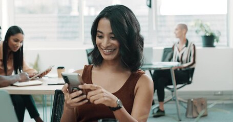 Poster - Happy, smiling and laughing business woman texting on a phone at work in a modern office. Young attractive female chatting through text on a smartphone enjoying a break from working at the office.