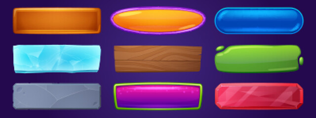 Poster - Web and game menu buttons with wooden, ice, stone, glass and crystal textures. Vector cartoon set of rectangle buttons from different materials isolated on background